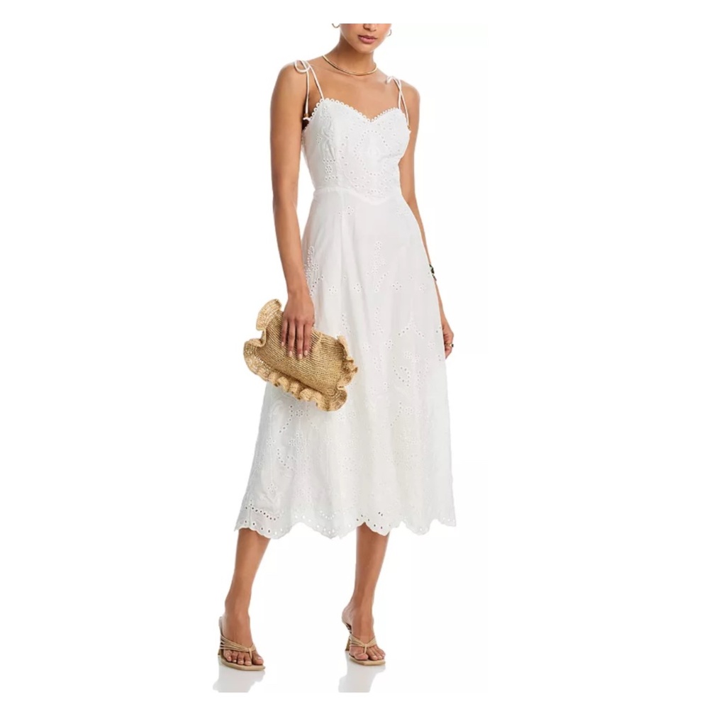 Aqua Eyelet Cotton Sweetheart Neckline Midi Dress in White